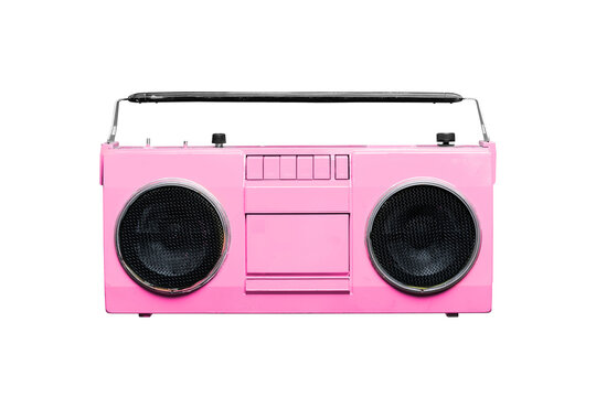 Pink retro cassette boombox isolated PNG on transparent background, vintage portable radio recorder for music and 1980s nostalgia