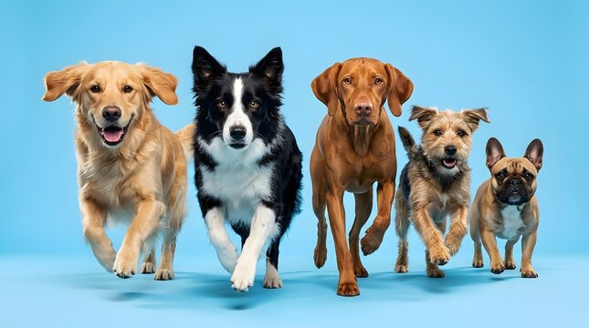 Group of cute dogs and puppies sitting together in a candid moment