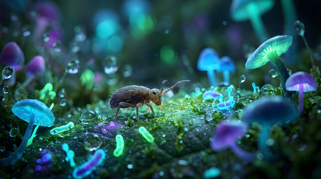 Tiny Springtail Insect on Moss Surrounded by Glowing Bioluminescent Mushrooms and Bacteria