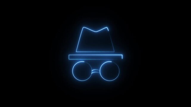 Neon incognito mode icon glowing blue light.