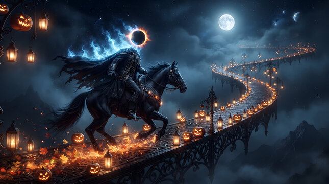 AI-generated cosmic Headless Horseman, floating lantern pathway in the night sky, miniature eclipse head with blue spectral flames, black horse with autumn leaf hoofprints, cinematic Halloween fog
