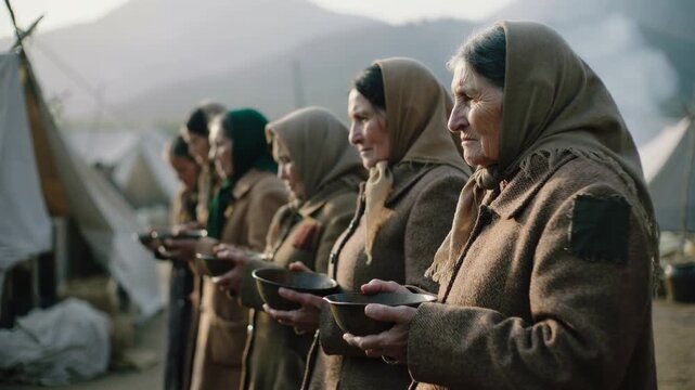 Group of women in headscarves holding empty bowls standing in outdoor refugee camp, medium shot