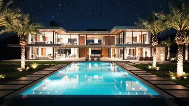 Modern luxury villa with swimming pool and palm trees under a starry night sky