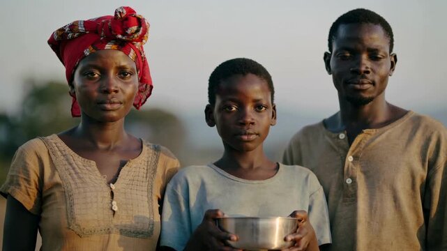 African family holding metal bowl in outdoor setting, medium shot