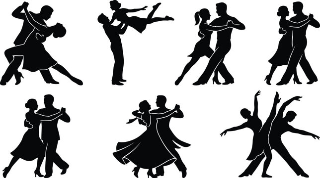 Ballroom Dance Couple Silhouette Collection with Elegant Partner Dancing Pose Vector Set