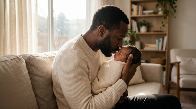 Loving black father holding and kissing his swaddled newborn baby at home in warm natural morning light.