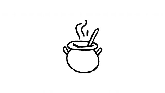 Animated doodle witch cauldron pot icon. 4K frame by frame line art on black and green screen chroma key background for boiling potion pot, witch brew kettle, alchemy magic cook, and Halloween.