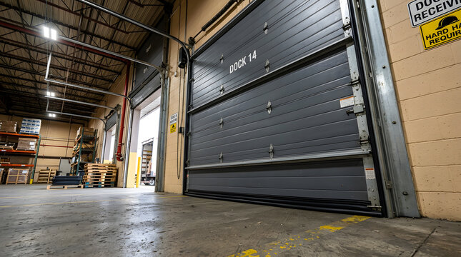 industrial warehouse loading dock door | weatherized overhead garage door seal | commercial bay door for logistics | dock door number 14 in distribution center
