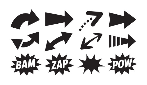 Set of comic style arrows and words like bam zap pow on white background action elements for design.