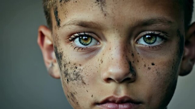 Close up portrait of young boy with dirt on face looking at camera, extreme close up