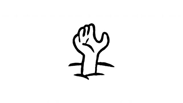 Animated 4K zombie hand rising doodle icon with line boil action. Hand drawn line art on black and green screen backgrounds for undead hand reaching from ground, grave spawn, horror monster.