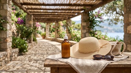 Obraz premium Summer vacation essentials including a straw hat, sunglasses, and sunscreen lotion on a wooden table