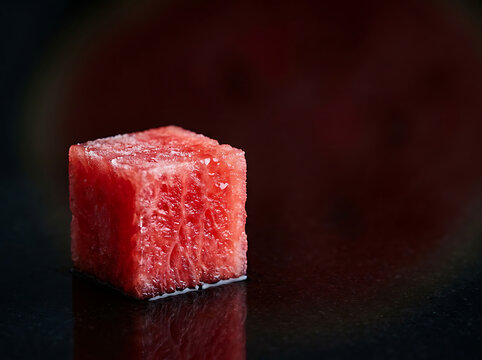 Fresh red watermelon fruit cube resting on a polished black mirror background with a minimalist food photography style