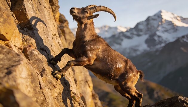 Alpine Ibex Climbing Rocky Mountain Peak at Sunset