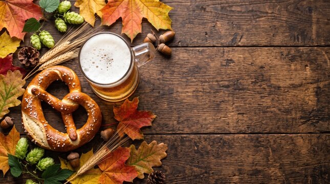 Traditional Oktoberfest beer festival banner with frothy lager, freshly baked pretzel, colorful autumn leaves, hops and rustic wooden background with copy space for seasonal promotions