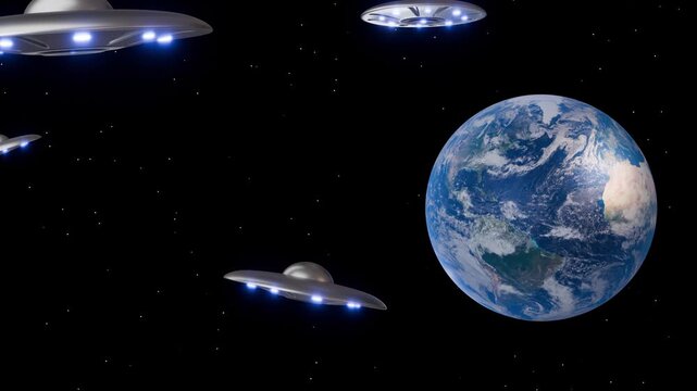 Sci-Fi UFO Fleet Near Earth Background

