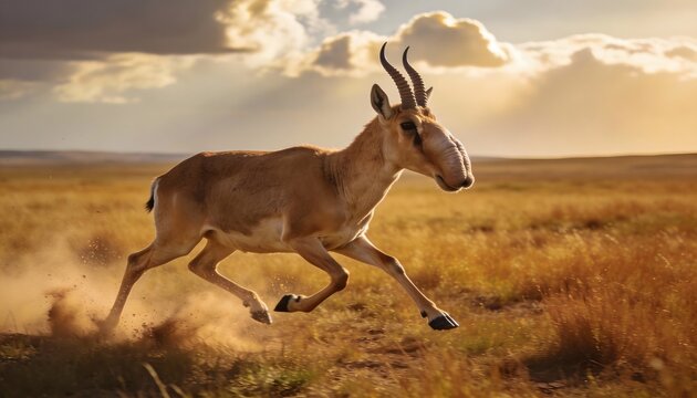 Saiga Antelope Running Through Dry Grassland Kicking Up Dust