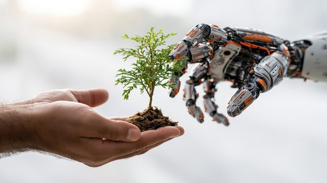 A human hand and a robotic hand holding a small green plant together
