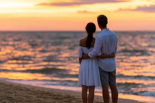 Couple in a romantic embrace standing together on the beach at a peaceful sunset