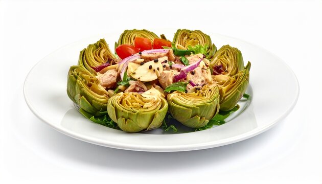 gourmet roasted artichoke heart salad with nuts on white plate