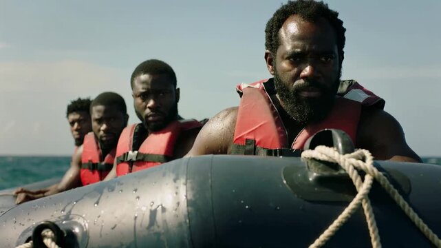 Four Black men wearing red life jackets sitting in a black inflatable boat on the ocean, eye level
