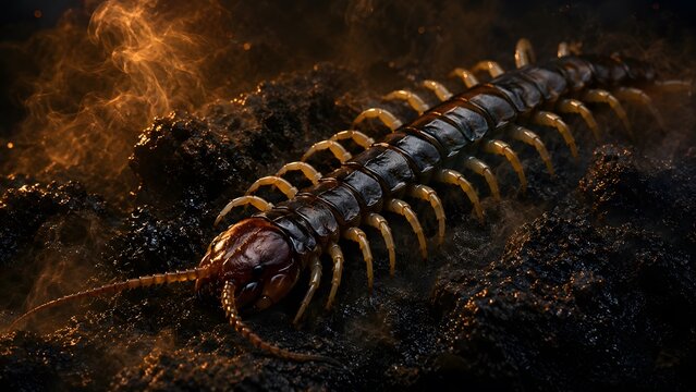 Large centipede crawling on dark forest soil