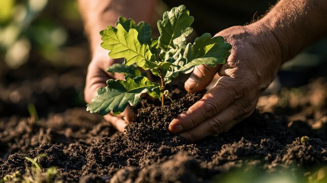 Close up of hands planting a young oak sapling into rich dark soil during a reforestation project