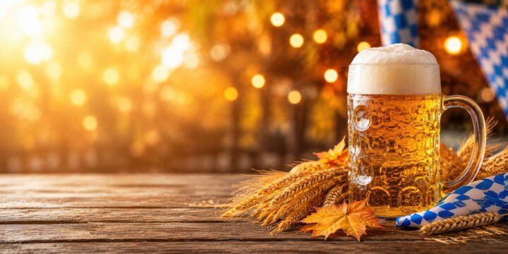 Oktoberfest promotional banner with traditional Bavarian beer mug, wheat, autumn leaves and blue checkered ribbon on rustic wooden table. Festive copy space for seasonal advertising