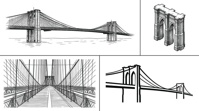 Brooklyn Bridge Hand Drawn Vector Set Featuring Manhattan Suspension Bridge Architecture Line Art Icons Perspective Walkway and Tower Sketches for New York City Landmark Designs