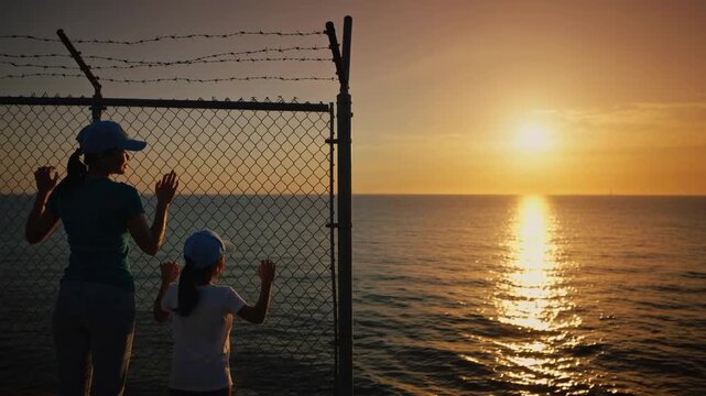 Mother and daughter standing by chain link fence overlooking ocean at sunset, static shot