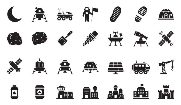 Moon landing and lunar exploration icon set with exploration, astronaut