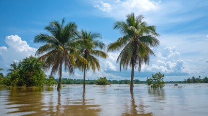Fototapeta premium Palm Trees Partially Submerged in Tropical Floodwaters