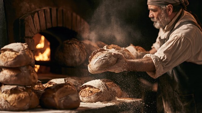 Craft baker pulling fresh sourdough loaves from a brick wood fired oven with a long wooden peel