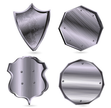 Set of silver metal shield icons on transparent background