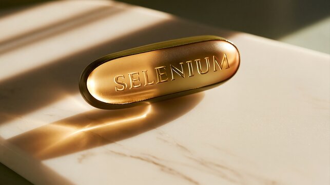 Close up of gold colored selenium supplement pill on white marble surface