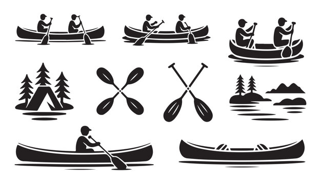 Canoeing and kayaking silhouette collection with rowers paddles and wilderness landscape.