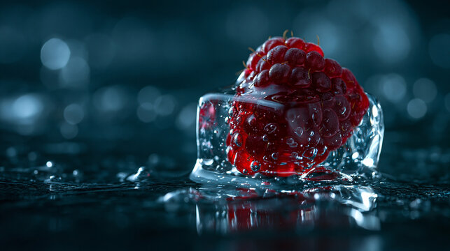 Fresh red raspberry frozen inside clear ice cube on dark reflective surface
