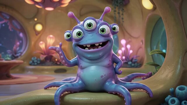 Whimsical blue alien creature with multiple eyes and tentacles smiling in a surreal, alien organic environment