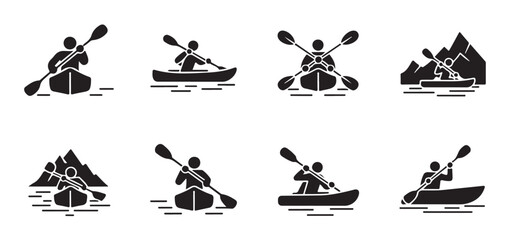 Black kayak activity icons isolated on transparent background for water sport web design. © Tanvir