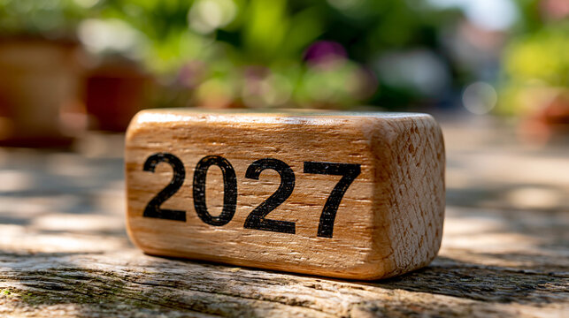 Engraved wooden block showing year 2027 placed outdoors in natural garden light