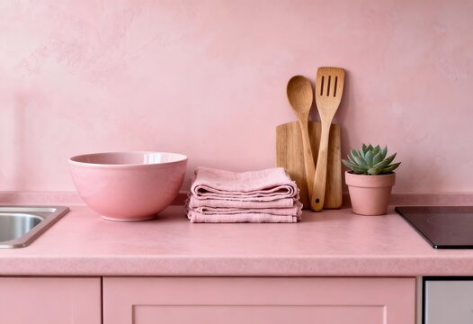 Minimalist Pink Kitchen Countertop with Wooden Utensils in Pink Aesthetic kitchen