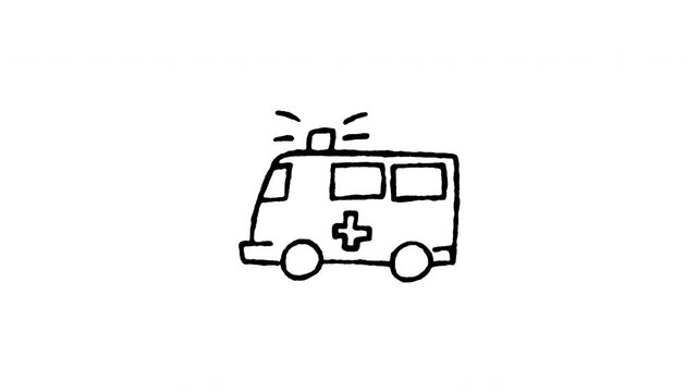 Animated 4K emergency ambulance vehicle doodle icon. White hand drawn line art on black and green screen backgrounds for paramedic response, urgent rescue, medical transport, and hospital van.