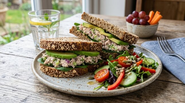 Healthy vegetarian sandwich and fresh garden salad on wooden table outdoors.