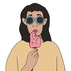 Flat illustration of funny and cool girl in sunglasses and she eating ice cream, summer vacation vibes 