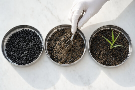 Top view of biochar, amended soil, and a green seedling in metal dishes, illustrating sustainable agriculture and plant growth research.