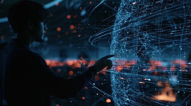 Data scientist working with a complex glowing three dimensional holographic network visualisation
