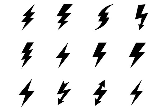 Lightning bolt icon. Flash symbol, thunderbolt, blitz lightnings strike sign. Electric energy black silhouettes, power concept. Vector isolated dynamic sports logo set. vector illustration eps file 