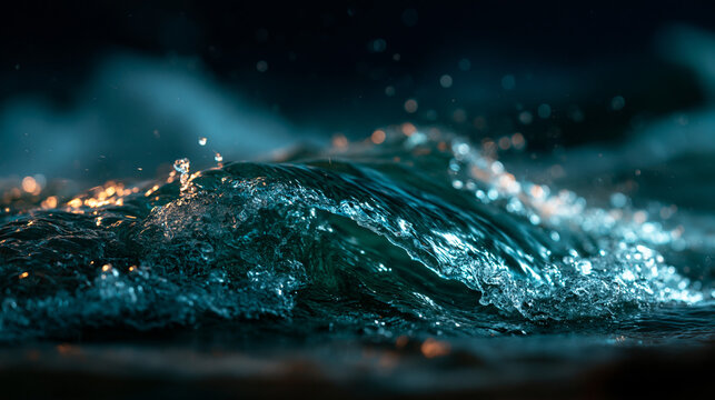 Dark ocean wave crashing at night with water splashes and illuminated spray, crashing