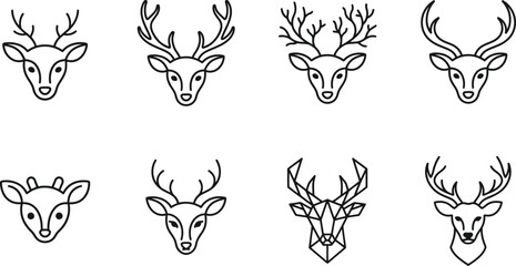 Minimalist deer head line art icons, set of 8 geometric stag and reindeer vector illustrations, modern wildlife buck logo symbols for branding © Tapi