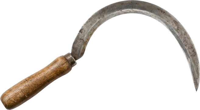 Antique hand sickle with weathered wooden handle.